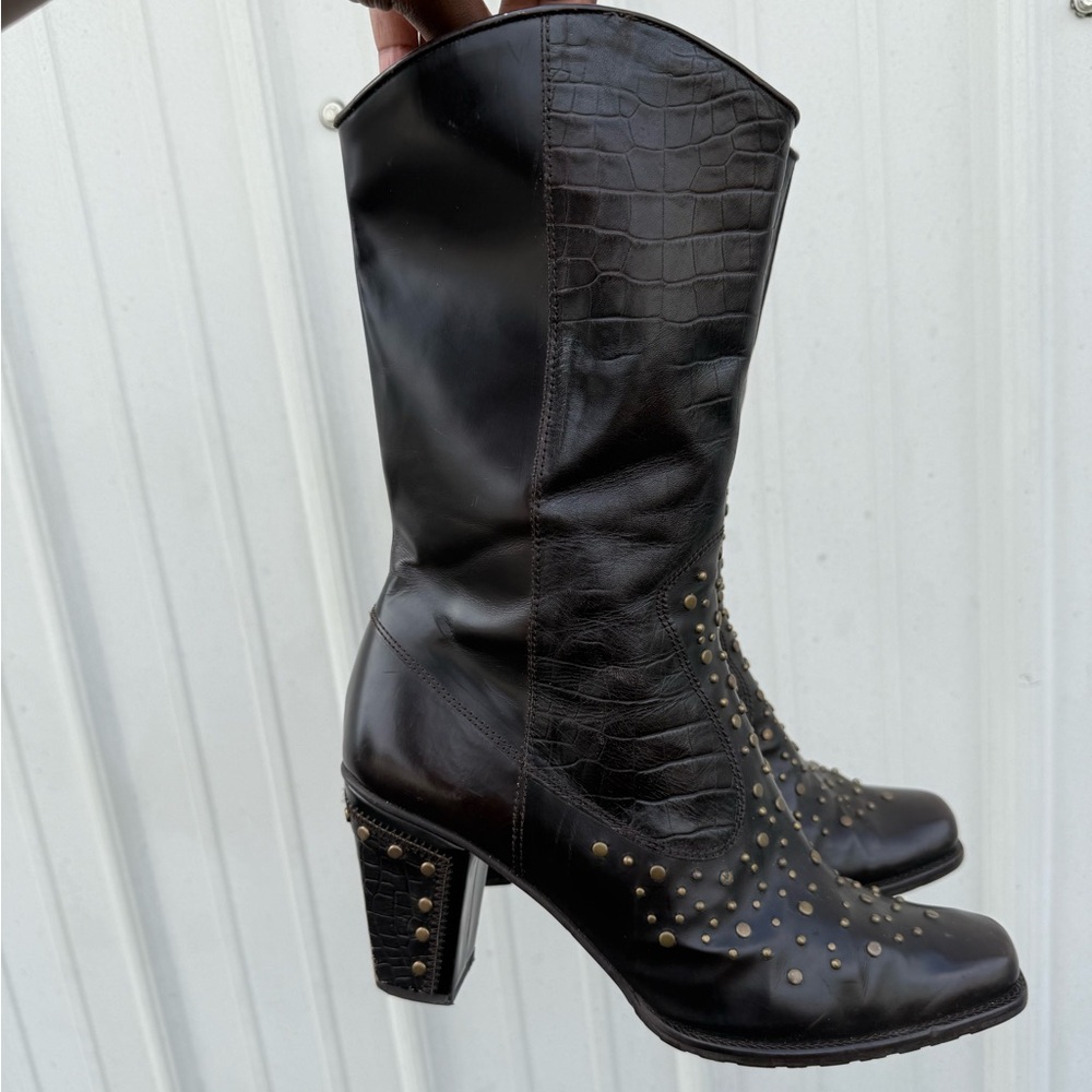Stuart Weitzman Brown Leather Studded Riding Boots Sz 8.5 M